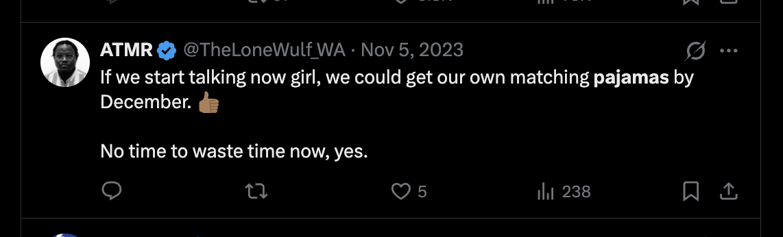 Tweet from @TheLoneWulf_WA on Nov 5, 2023: If we start talking now girl, we could get our own matching pajamas by December. No time to waste time now, yes.